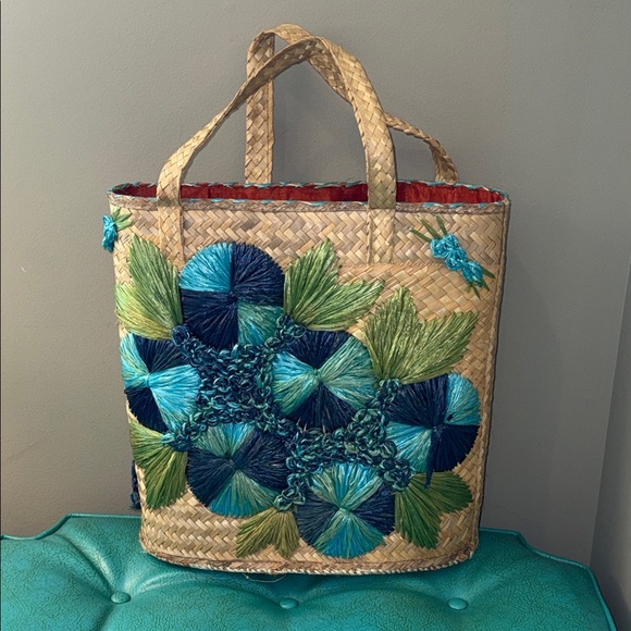 Vintage Handbags - Vintage oversized large gorgeous turquoise blue flower raffia basket beachy bag